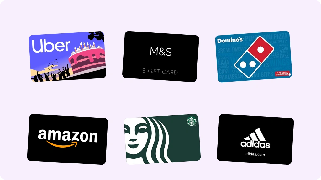 Gift carts from popular brands, like Amazon, M&S, Starbucks, and so on