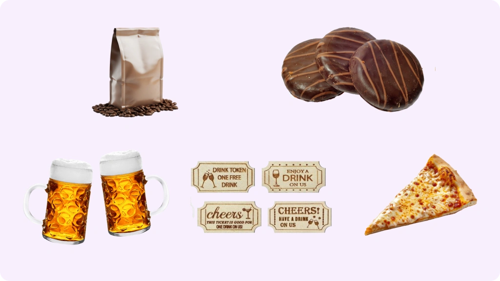 Food & beverage prize examples, such as beer, sweets, and drink vouchers