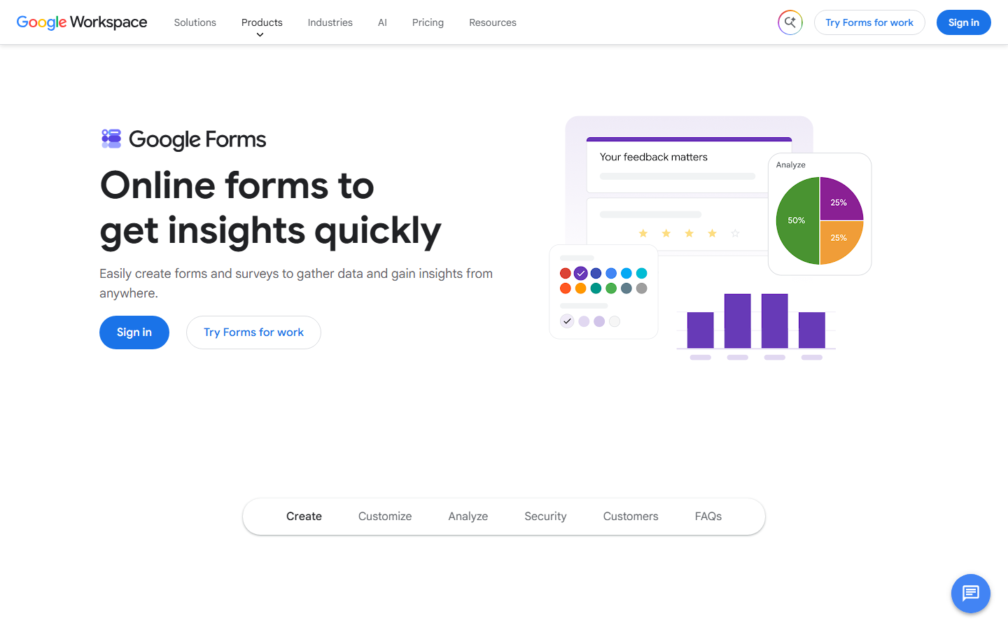 The Google Forms page on Google Workspace