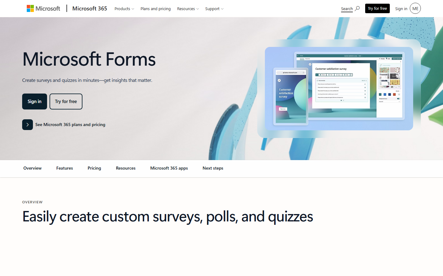 The Microsoft Forms page on Microsoft 365