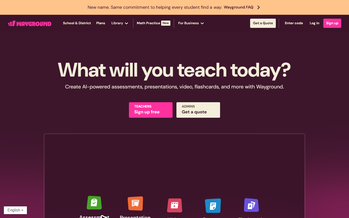 The Wayground homepage, still reminding visitors about the name change from Quizizz