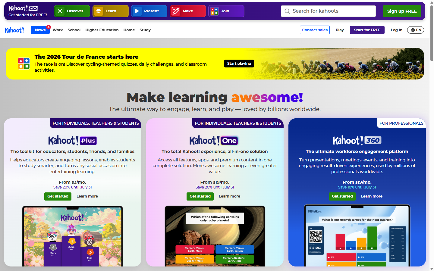 The Kahoot homepage