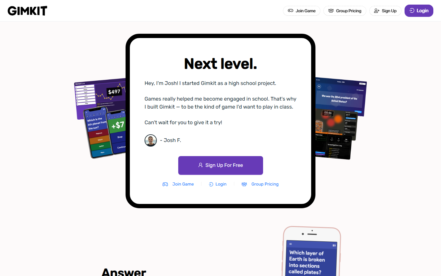 The Gimkit homepage, with a note from Josh, who started it as a high school project