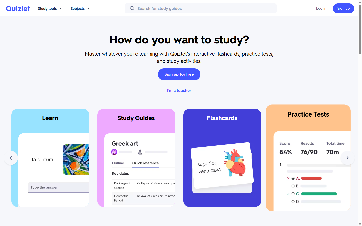 The Quizlet homepage