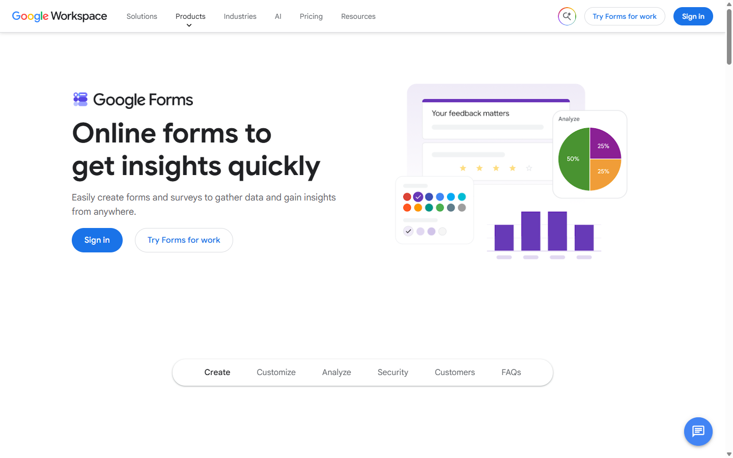 The Google Forms page on the Google Workspace site