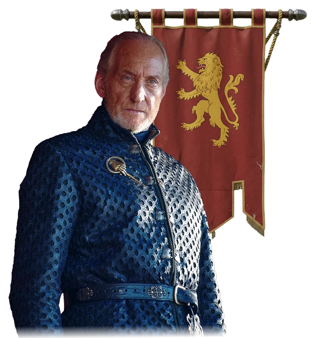 Tywin Lannister standing in front of a Lannister banner