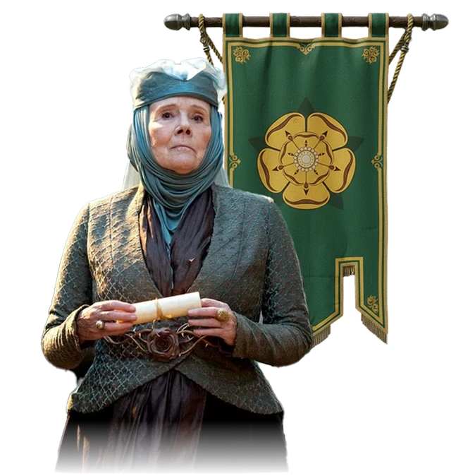 Olenna Tyrell standing in front of a Tyrell Banner
