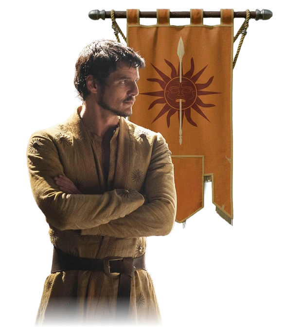 Prince Oberyn standing in front of a Martell banner