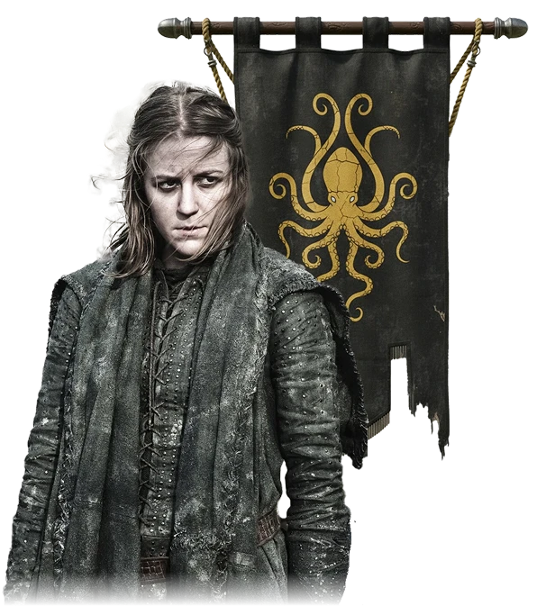 Yara Greyjoy standing in front of a Greyjoy banner